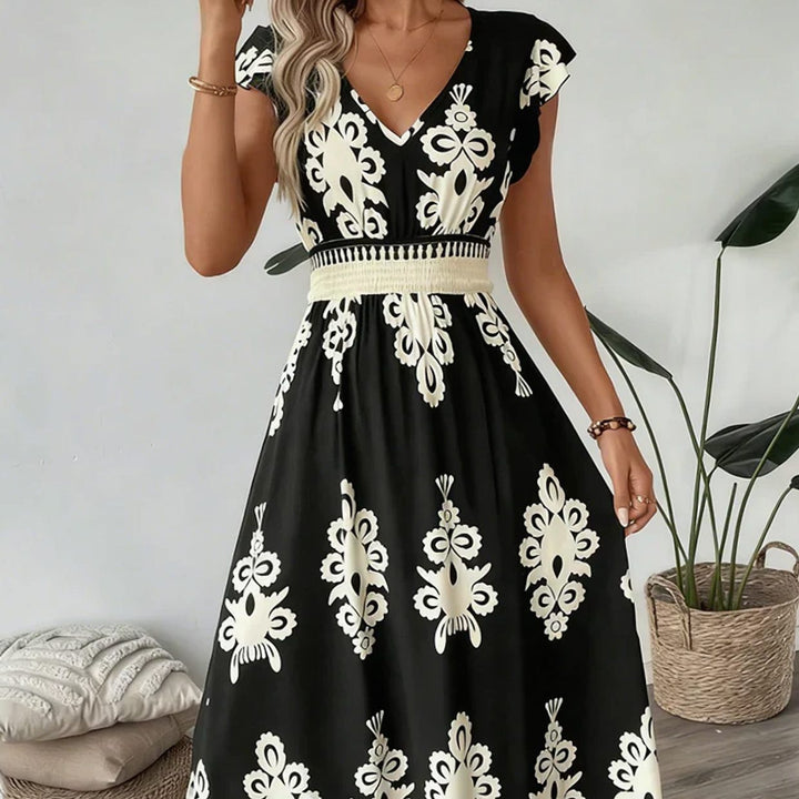 Damen Barock-Print Maxi-Kleid mit V-Ausschnitt und Smok-Taille - Schwarz