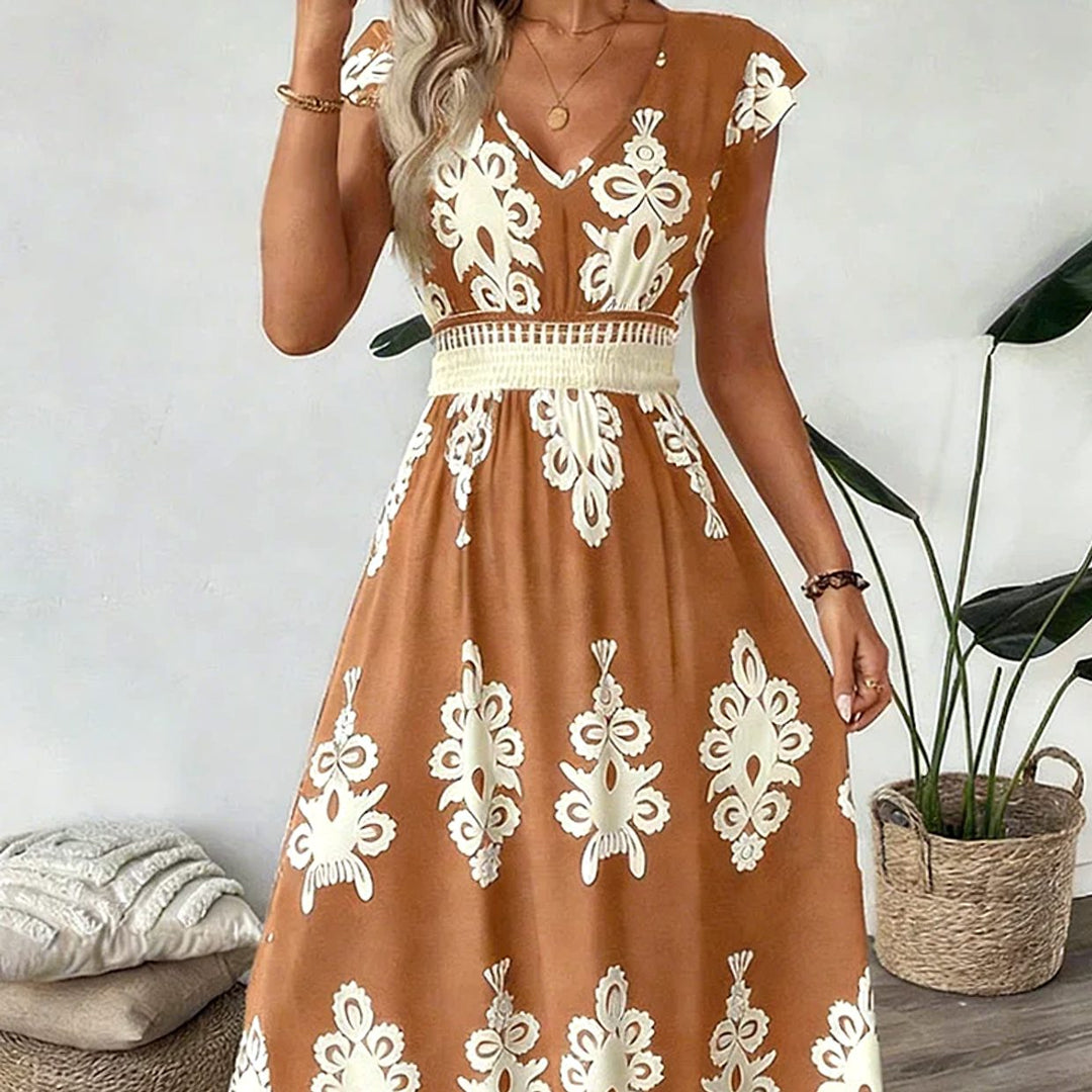 Damen Barock-Print Maxi-Kleid mit V-Ausschnitt und Smok-Taille - Braun