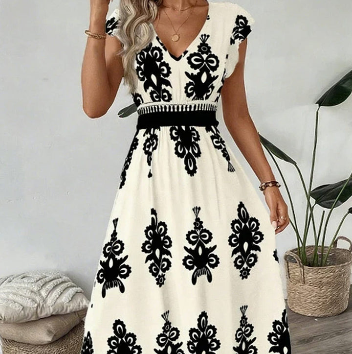 Damen Barock-Print Maxi-Kleid mit V-Ausschnitt und Smok-Taille - Apricot