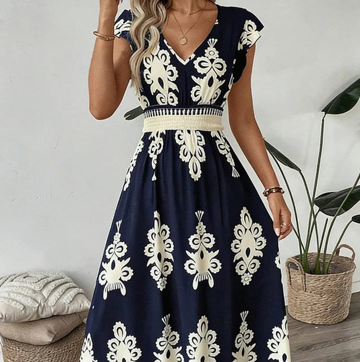 Damen Barock-Print Maxi-Kleid mit V-Ausschnitt und Smok-Taille - Marineblau