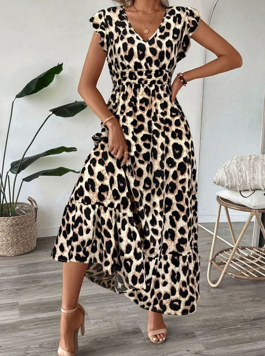 Damen Barock-Print Maxi-Kleid mit V-Ausschnitt und Smok-Taille - Leopard