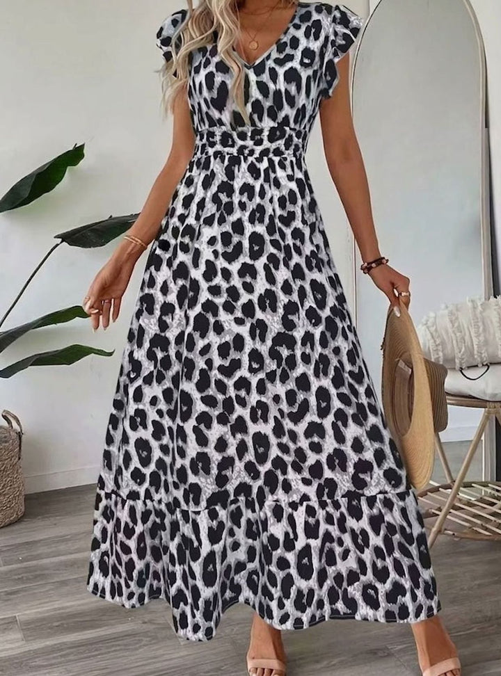 Damen Barock-Print Maxi-Kleid mit V-Ausschnitt und Smok-Taille - Weißer Leopard