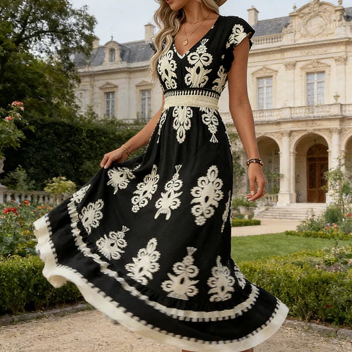 Damen Barock-Print Maxi-Kleid mit V-Ausschnitt und Smok-Taille
