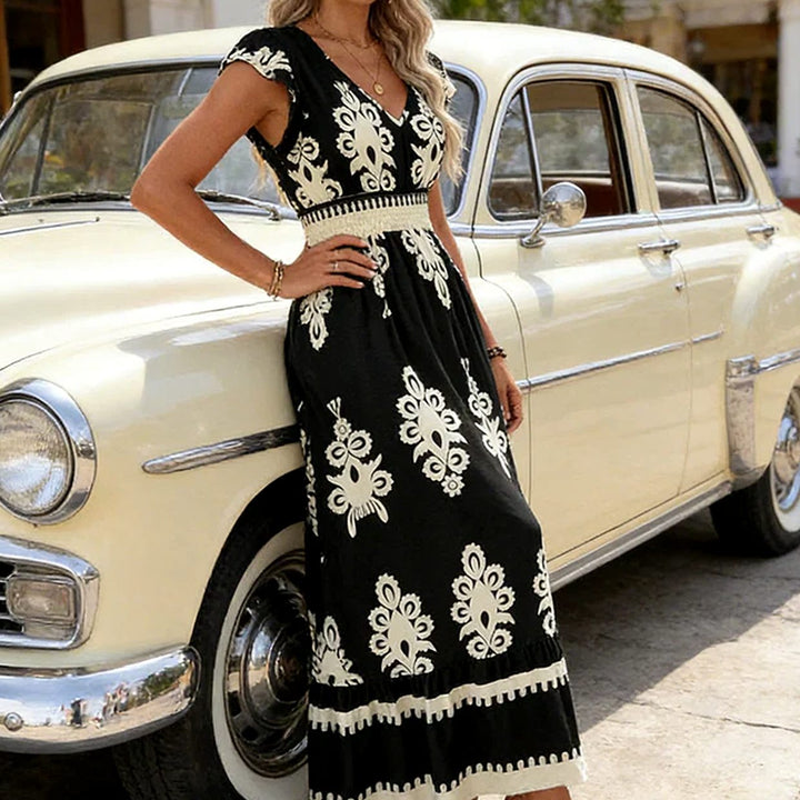 Damen Barock-Print Maxi-Kleid mit V-Ausschnitt und Smok-Taille