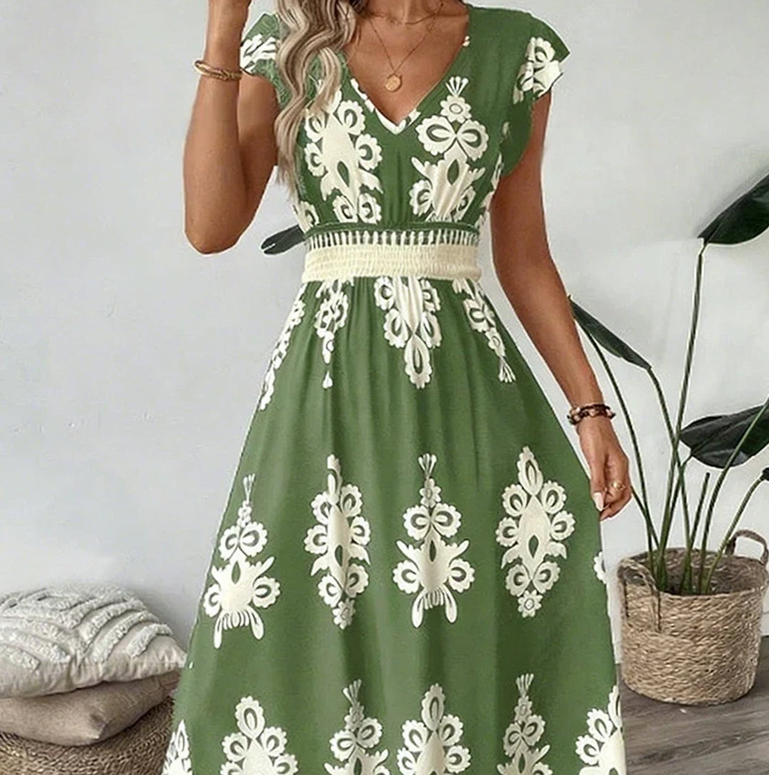 Damen Barock-Print Maxi-Kleid mit V-Ausschnitt und Smok-Taille - Grün