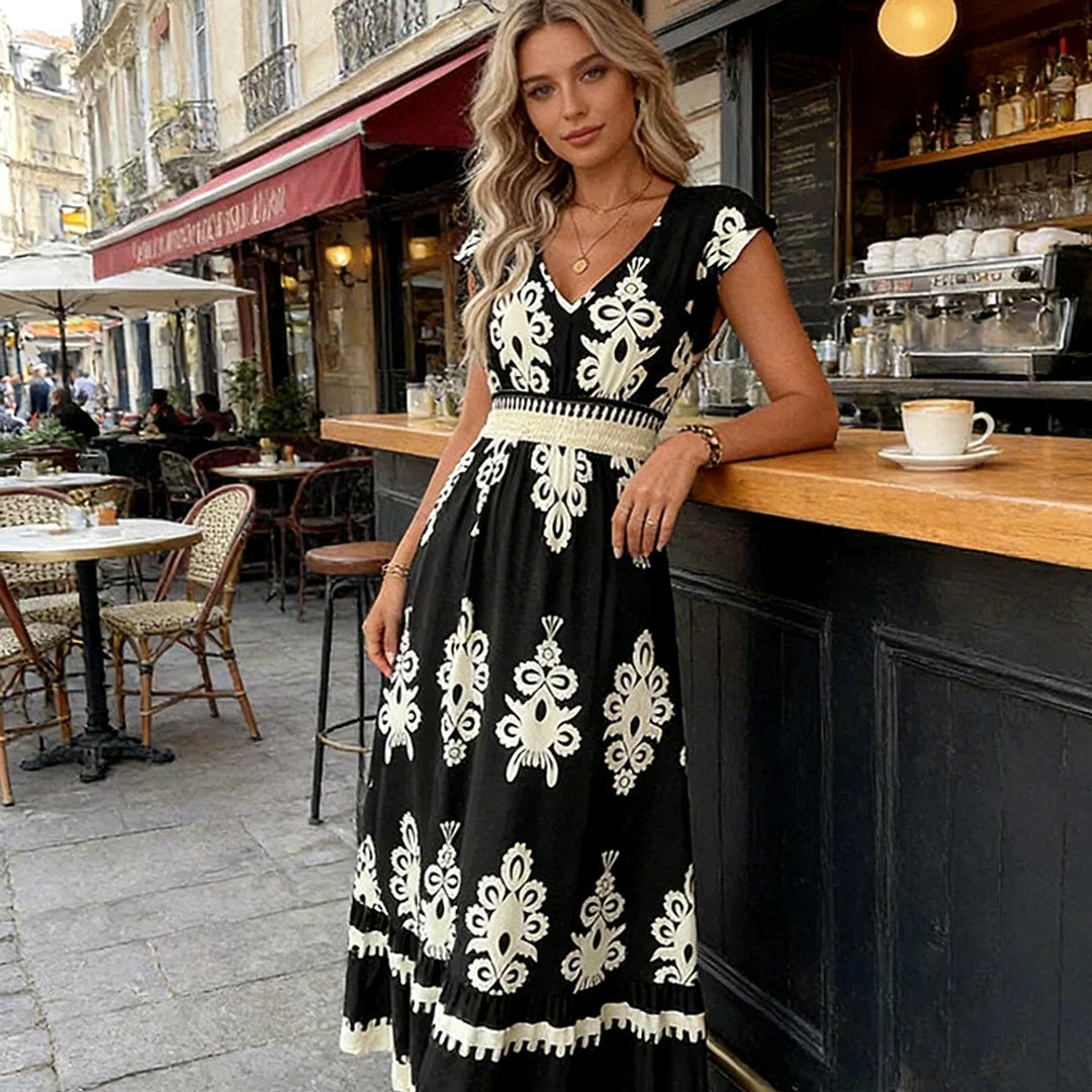 Damen Barock-Print Maxi-Kleid mit V-Ausschnitt und Smok-Taille