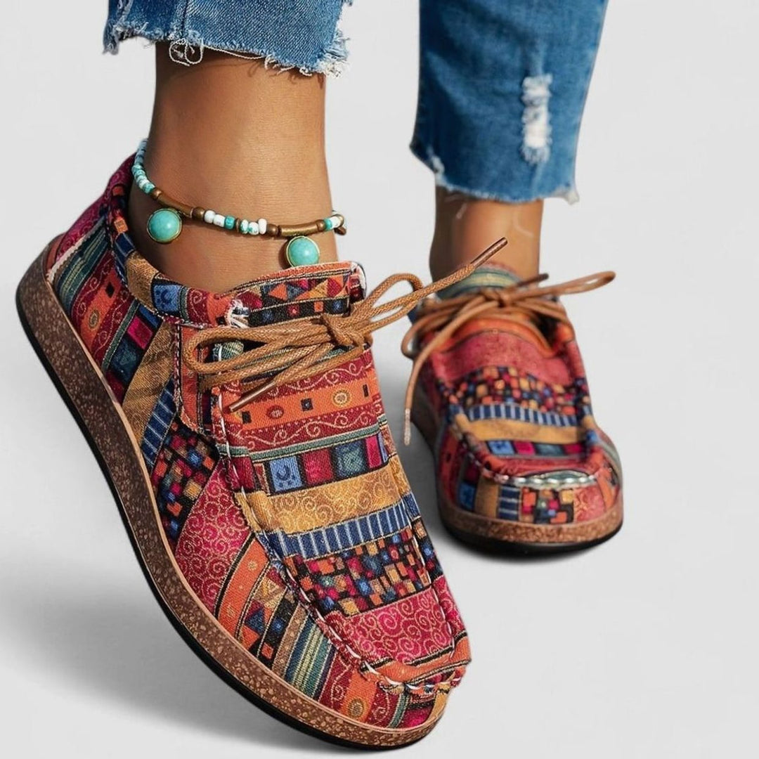 Damen Boho Ethno-Print Schnürschuhe mit Flacher Plateausohle - Rot
