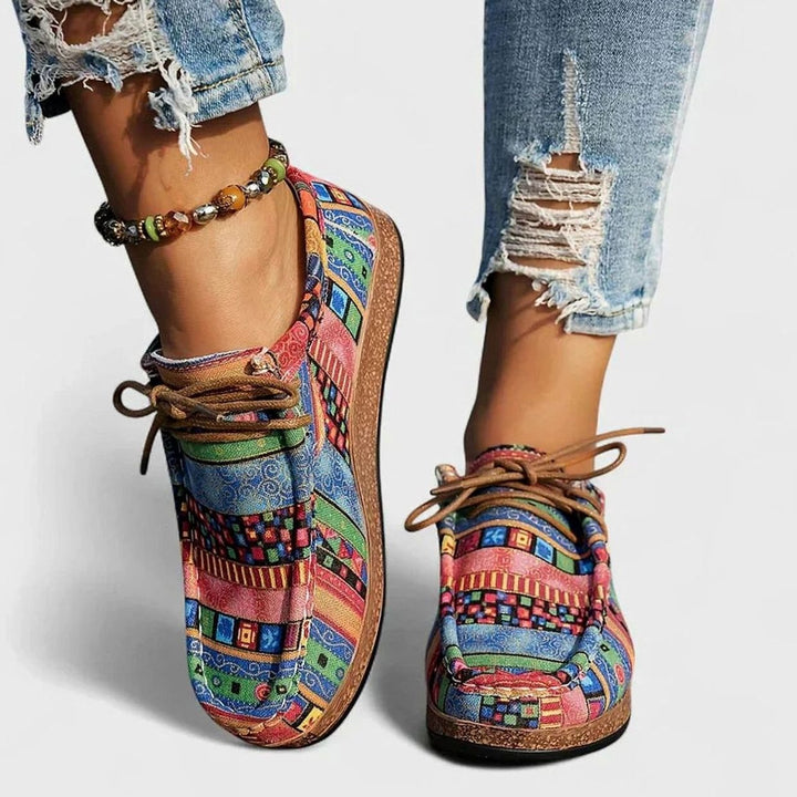 Damen Boho Ethno-Print Schnürschuhe mit Flacher Plateausohle