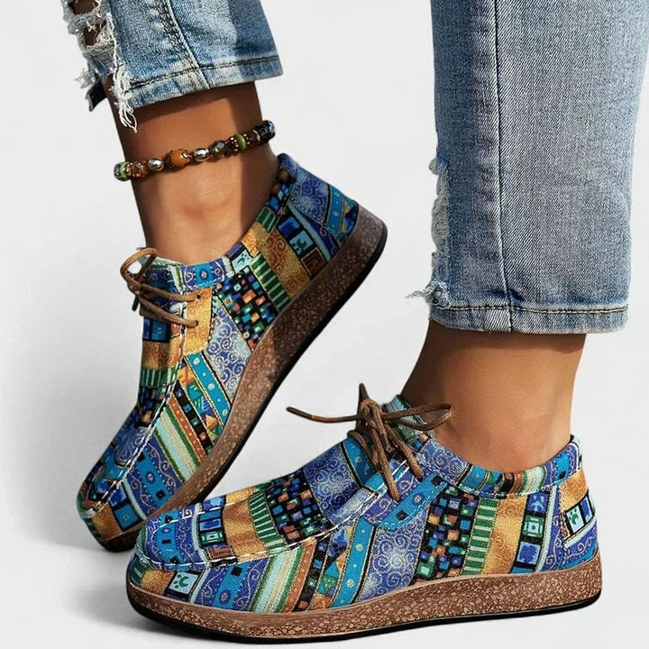 Damen Boho Ethno-Print Schnürschuhe mit Flacher Plateausohle