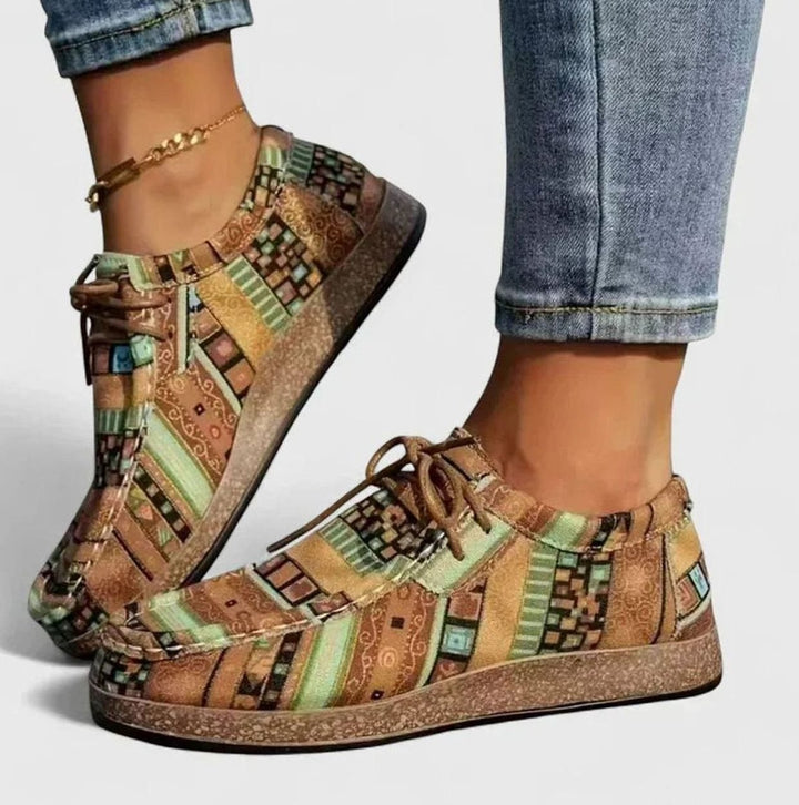 Damen Boho Ethno-Print Schnürschuhe mit Flacher Plateausohle