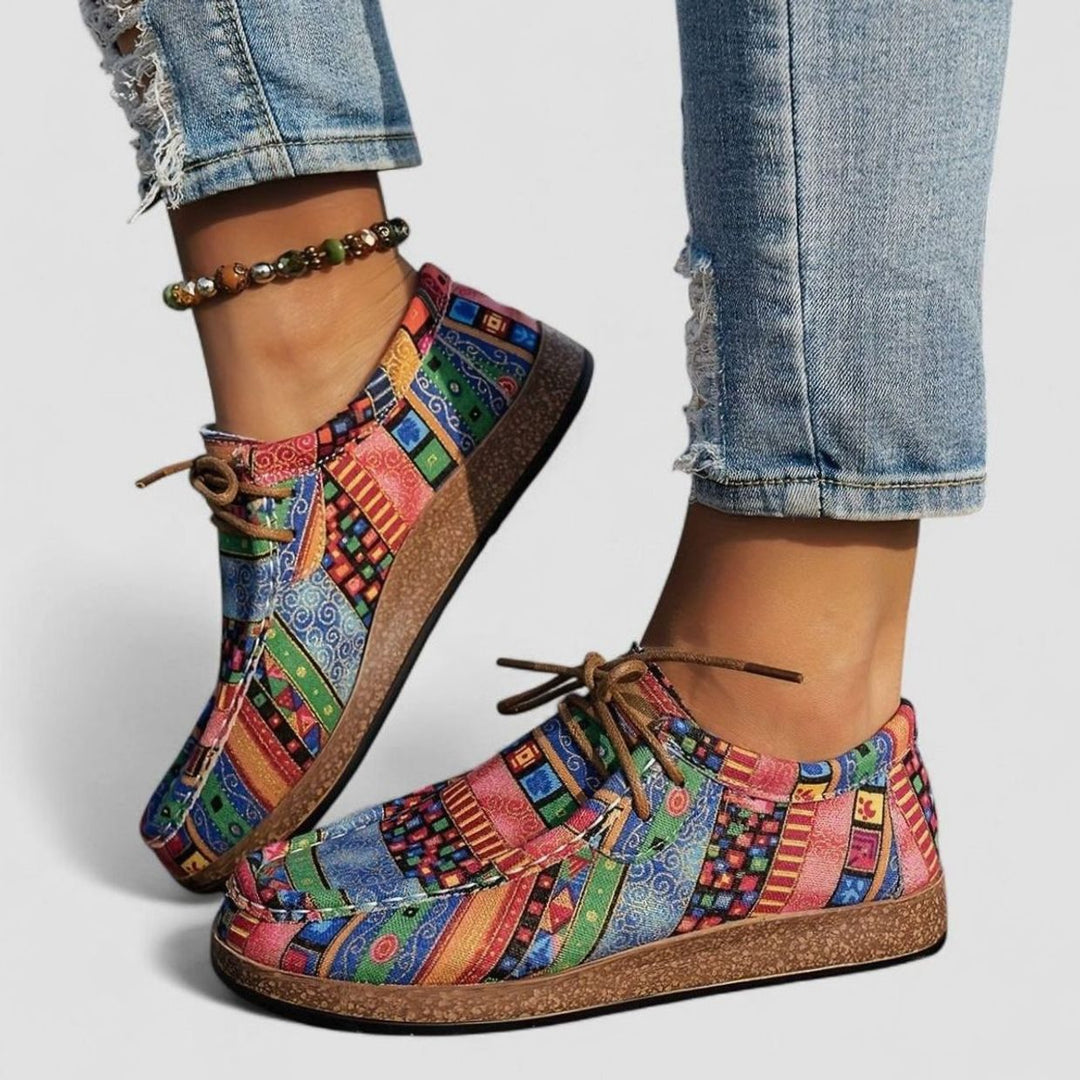 Damen Boho Ethno-Print Schnürschuhe mit Flacher Plateausohle