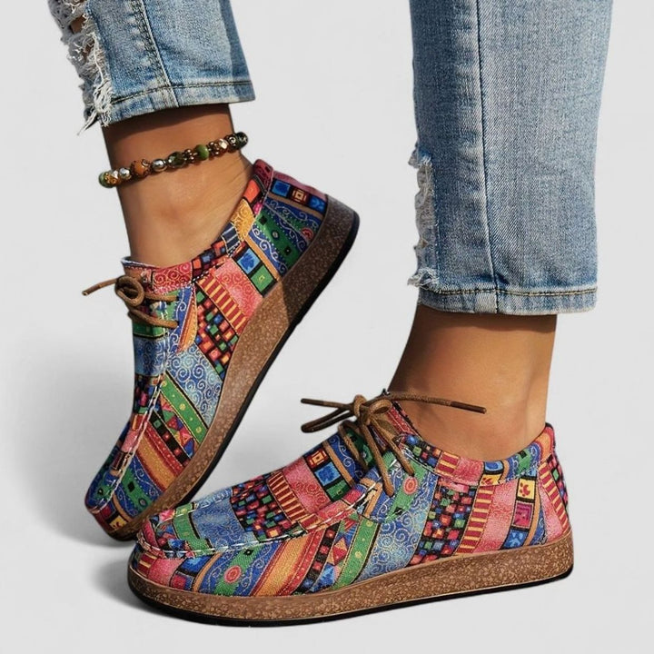 Damen Boho Ethno-Print Schnürschuhe mit Flacher Plateausohle