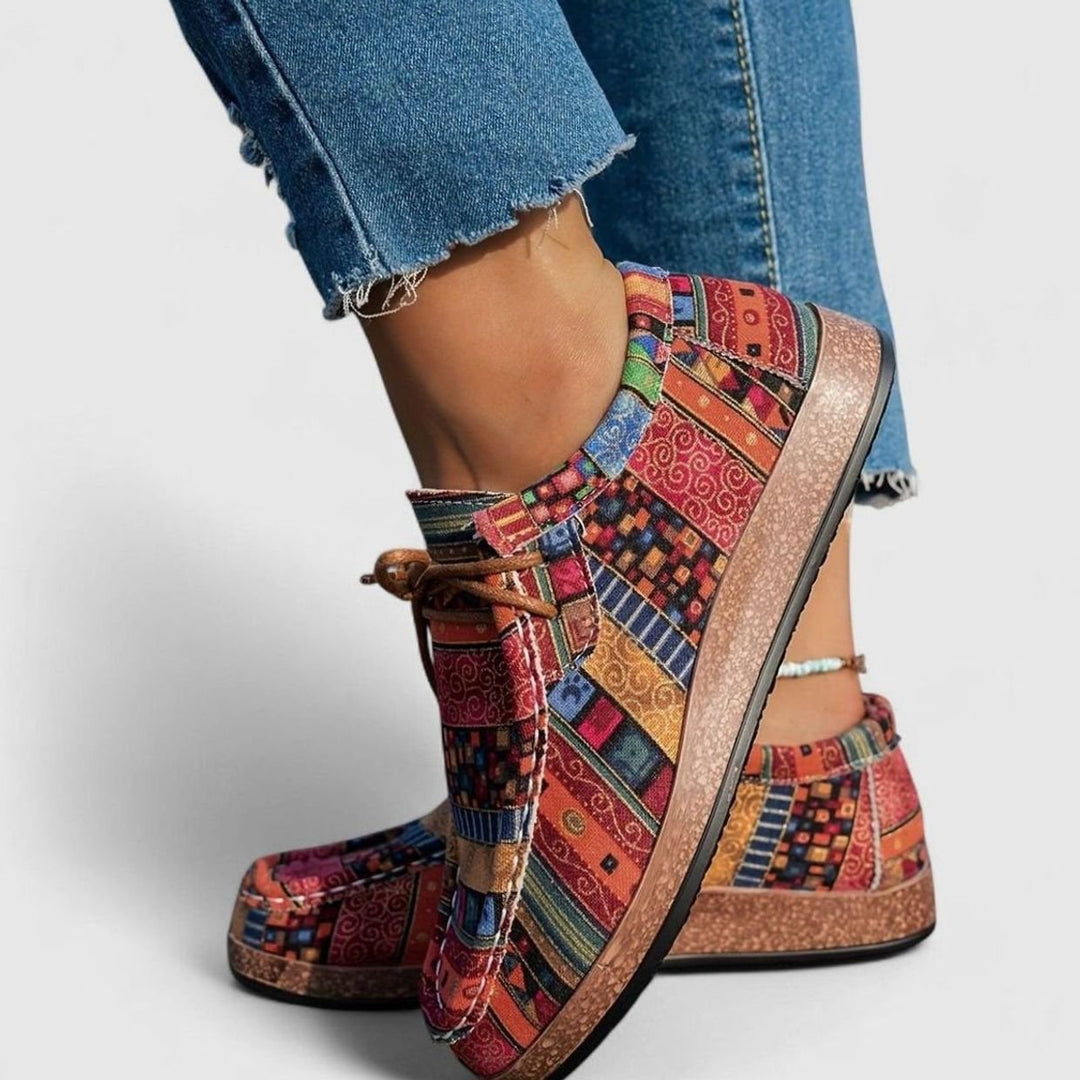 Damen Boho Ethno-Print Schnürschuhe mit Flacher Plateausohle