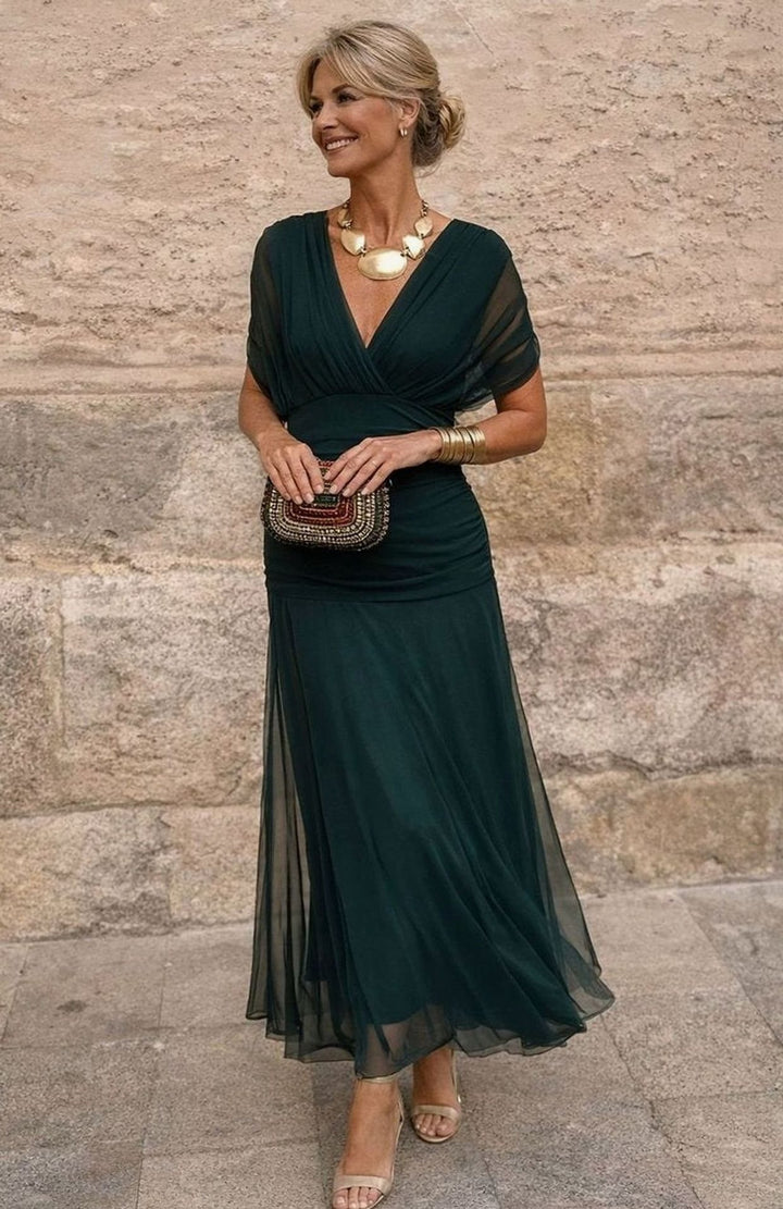Damen Chiffon Festkleid Maxi V-Ausschnitt Geraffter Taille Fließend - Flaschengrün