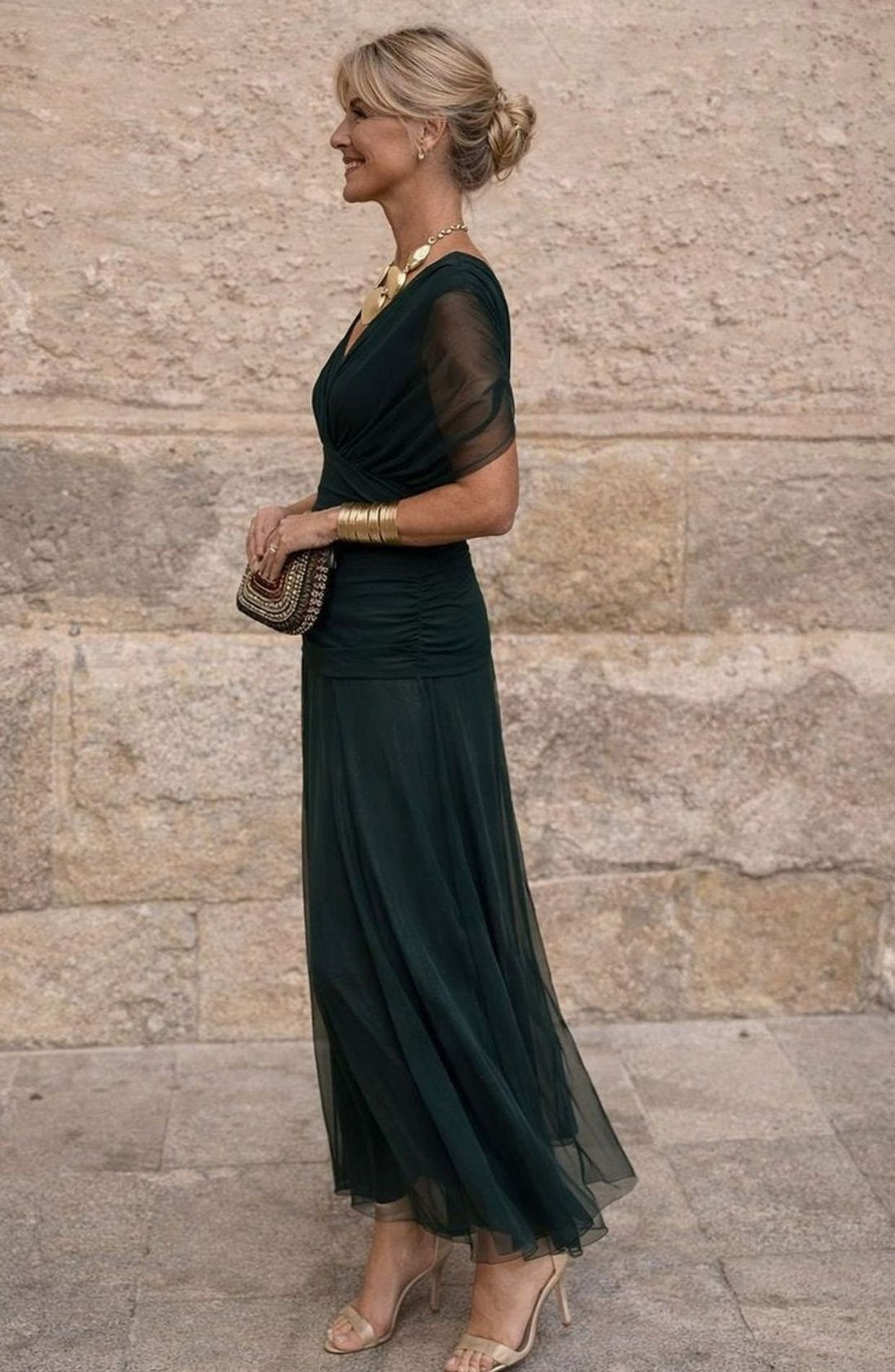 Damen Chiffon Festkleid Maxi V-Ausschnitt Geraffter Taille Fließend