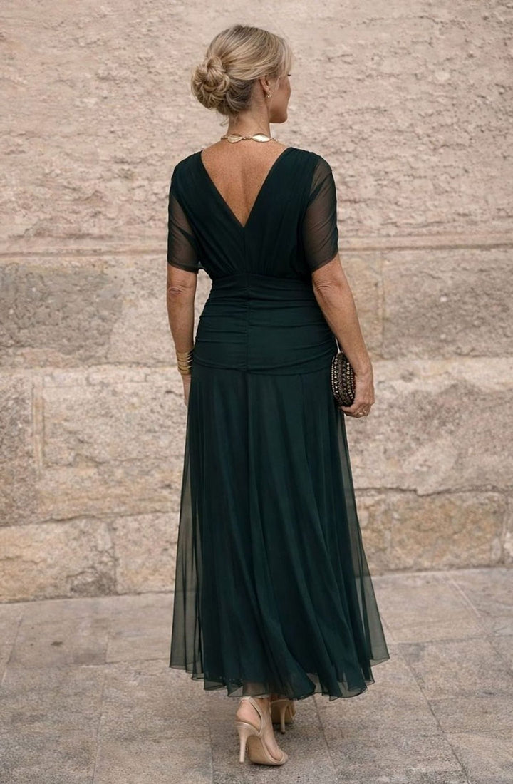 Damen Chiffon Festkleid Maxi V-Ausschnitt Geraffter Taille Fließend