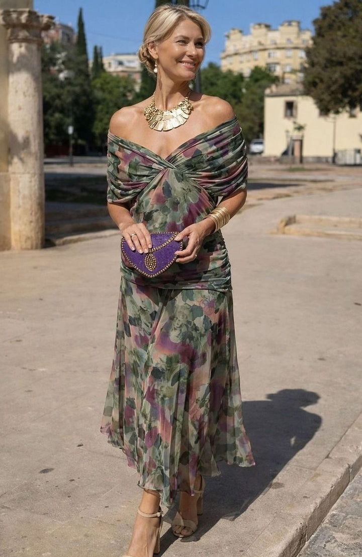 Damen Chiffon Festkleid Maxi V-Ausschnitt Geraffter Taille Fließend - Blumenstrauß