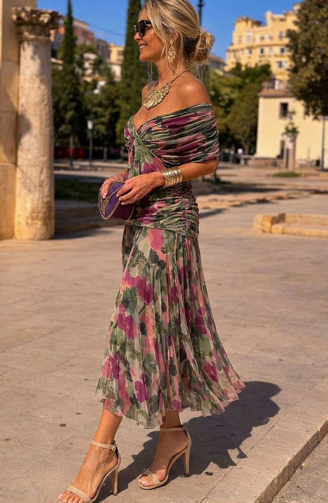 Damen Chiffon Festkleid Maxi V-Ausschnitt Geraffter Taille Fließend