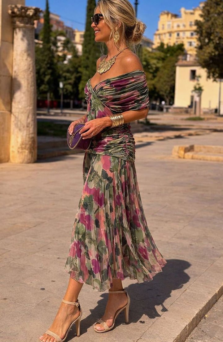 Damen Chiffon Festkleid Maxi V-Ausschnitt Geraffter Taille Fließend