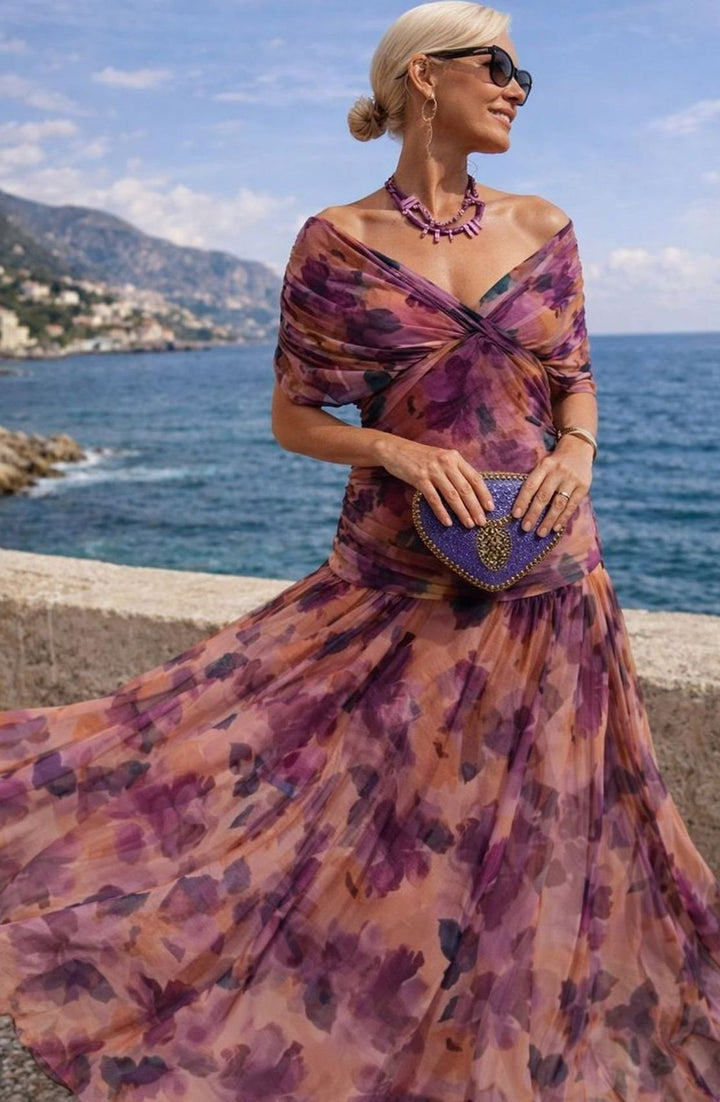 Damen Chiffon Festkleid Maxi V-Ausschnitt Geraffter Taille Fließend - Verzauberter Garten