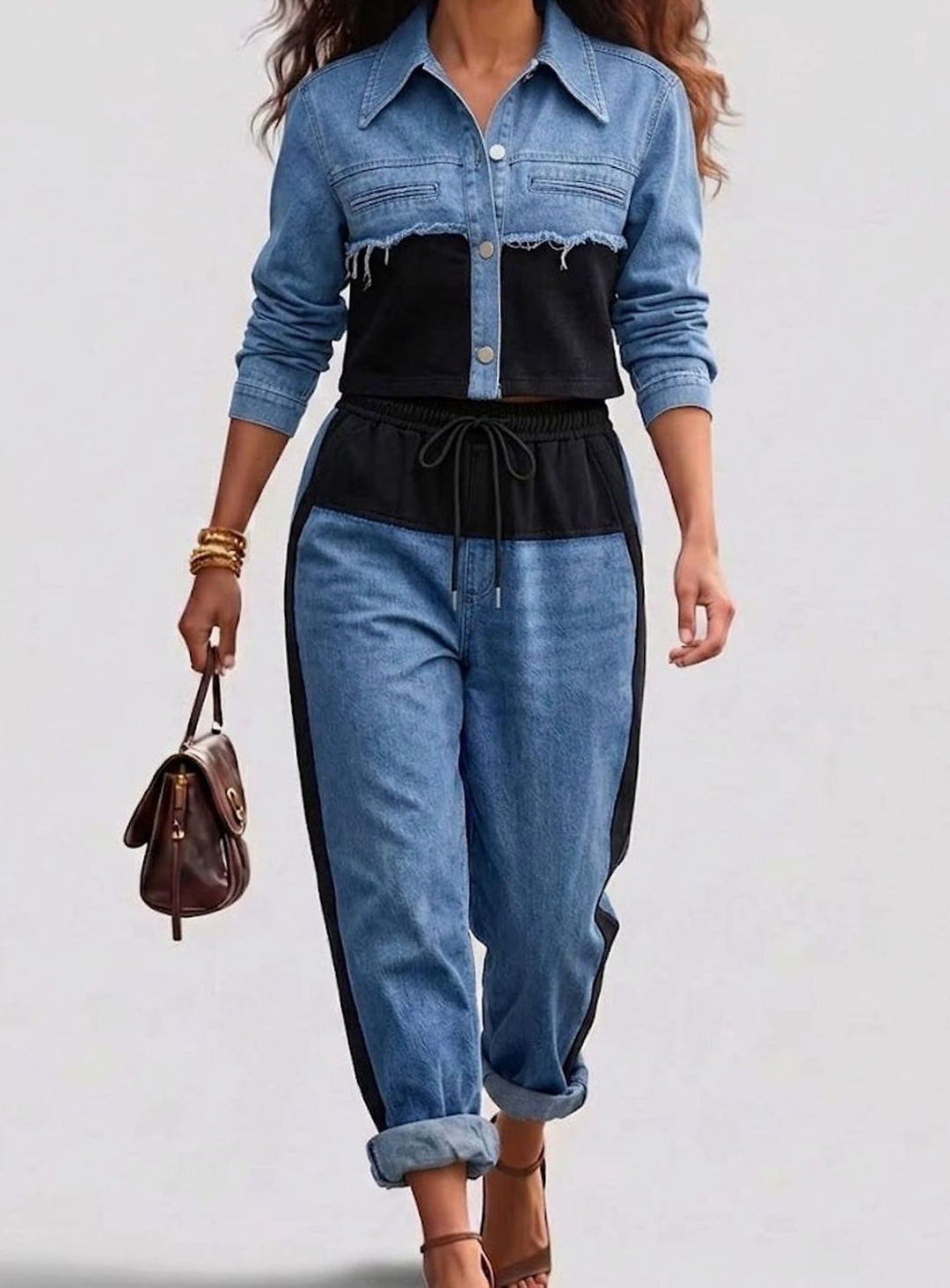 Damen Colorblock Cropped Jeansjacke Weites Bein Hosen Set