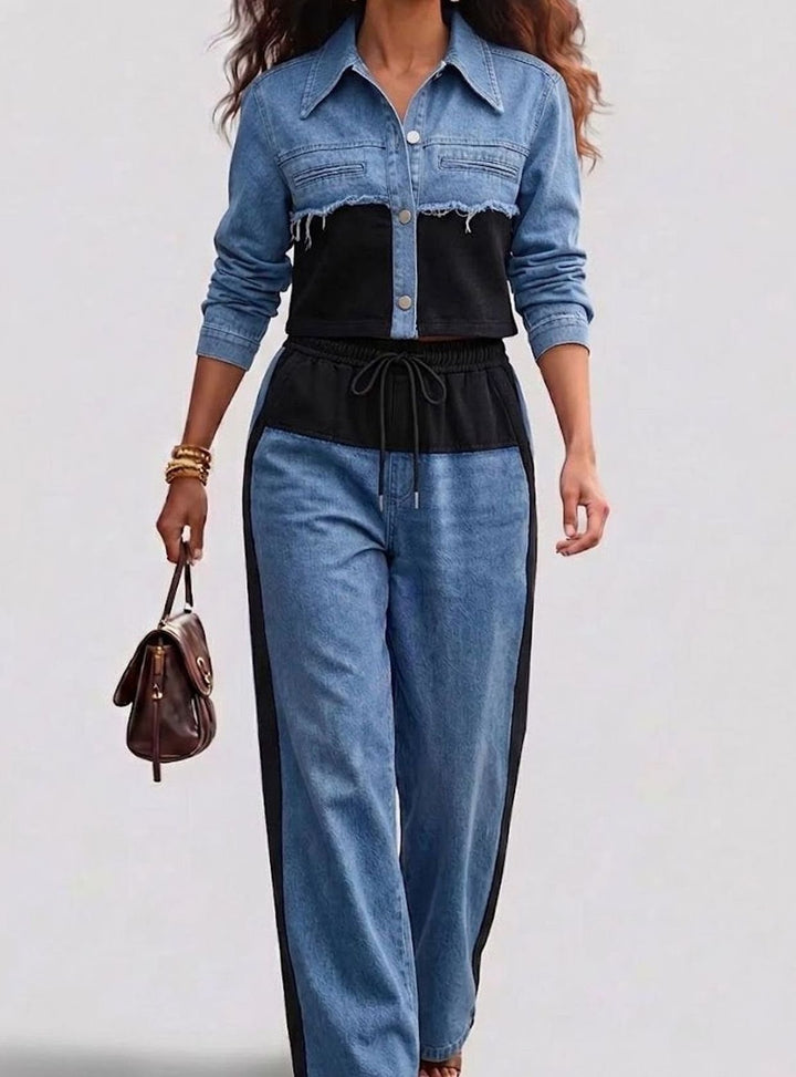 Damen Colorblock Cropped Jeansjacke Weites Bein Hosen Set