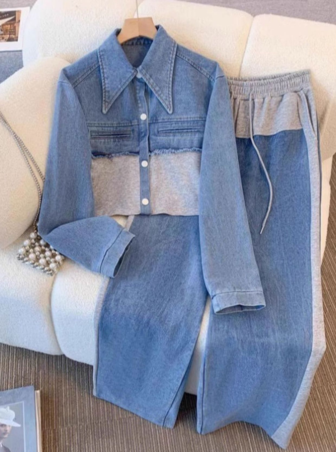Damen Colorblock Cropped Jeansjacke Weites Bein Hosen Set - Grau