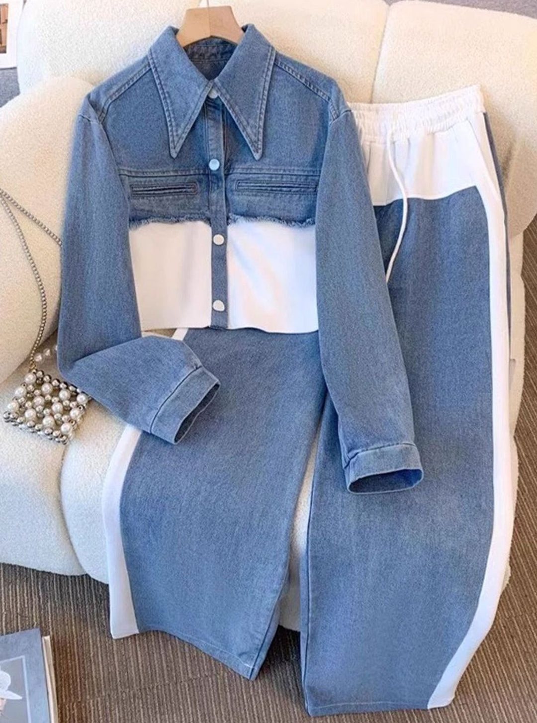 Damen Colorblock Cropped Jeansjacke Weites Bein Hosen Set - Weiß