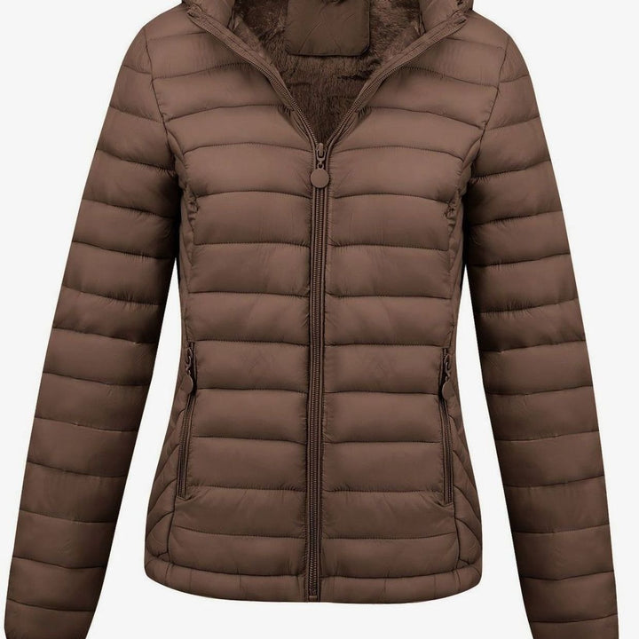 Damen Daunenjacke Leichte Gesteppte Kapuzenjacke mit Fleecefutter - Kaffeebraun