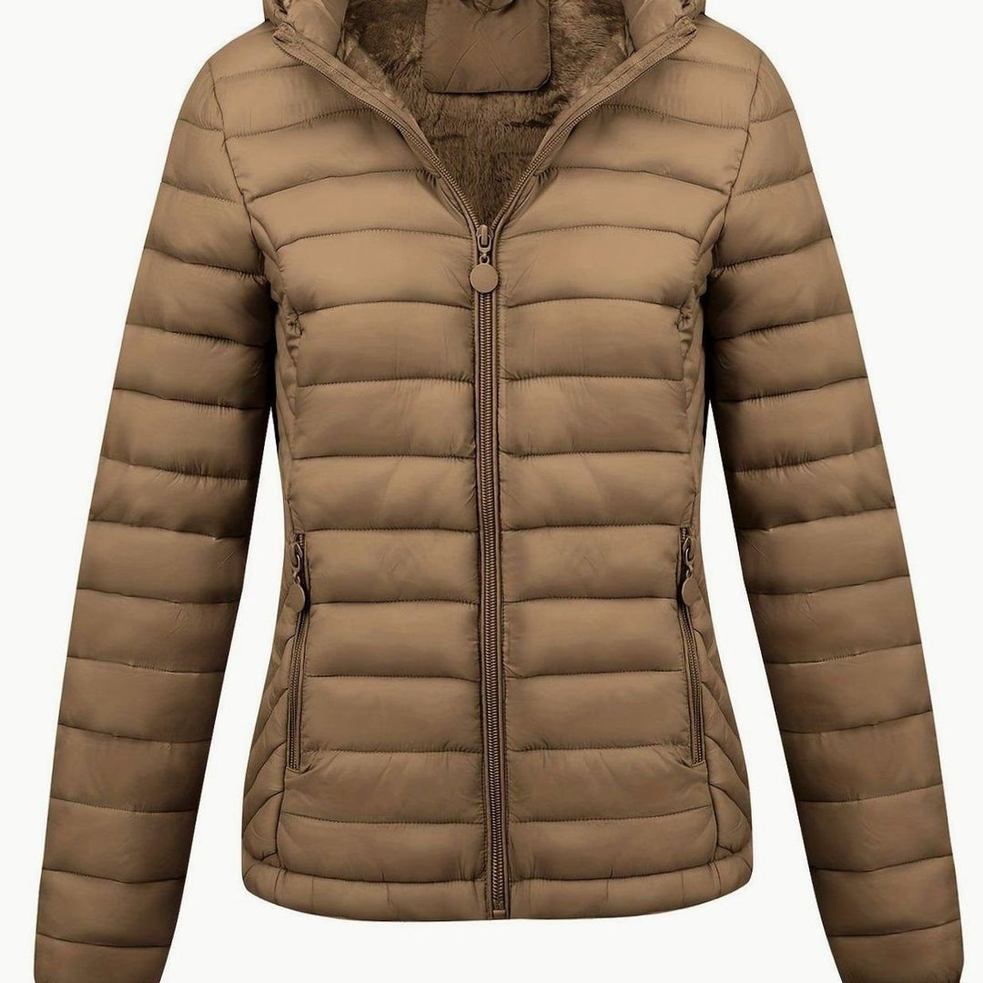 Damen Daunenjacke Leichte Gesteppte Kapuzenjacke mit Fleecefutter - Hellbraun