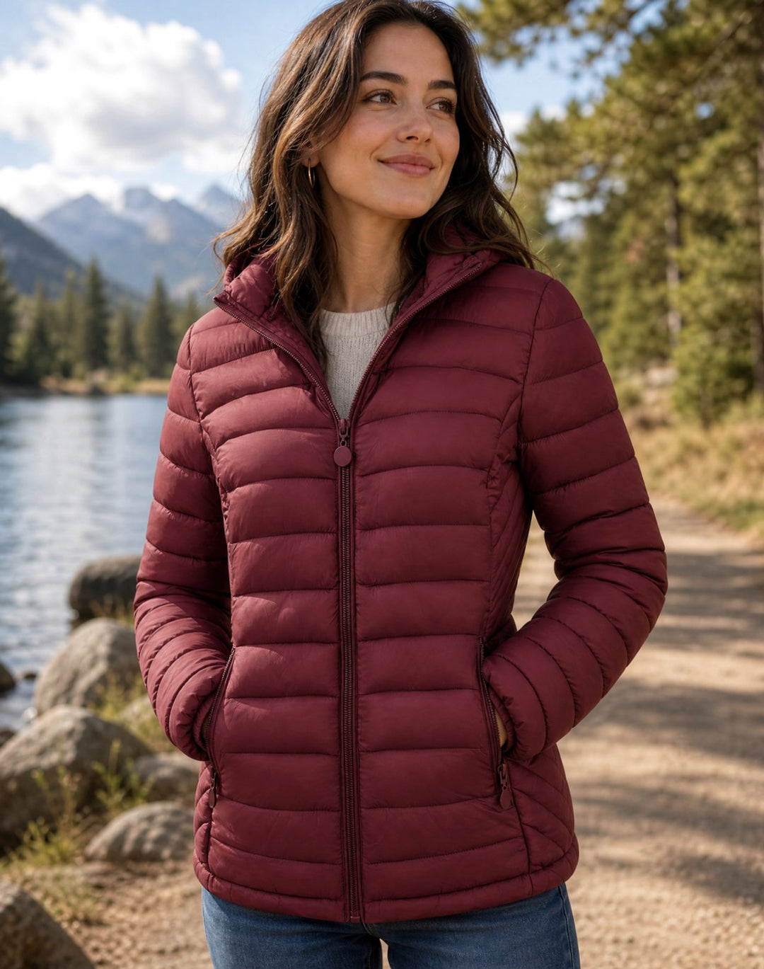 Damen Daunenjacke Leichte Gesteppte Kapuzenjacke mit Fleecefutter - Weinrot