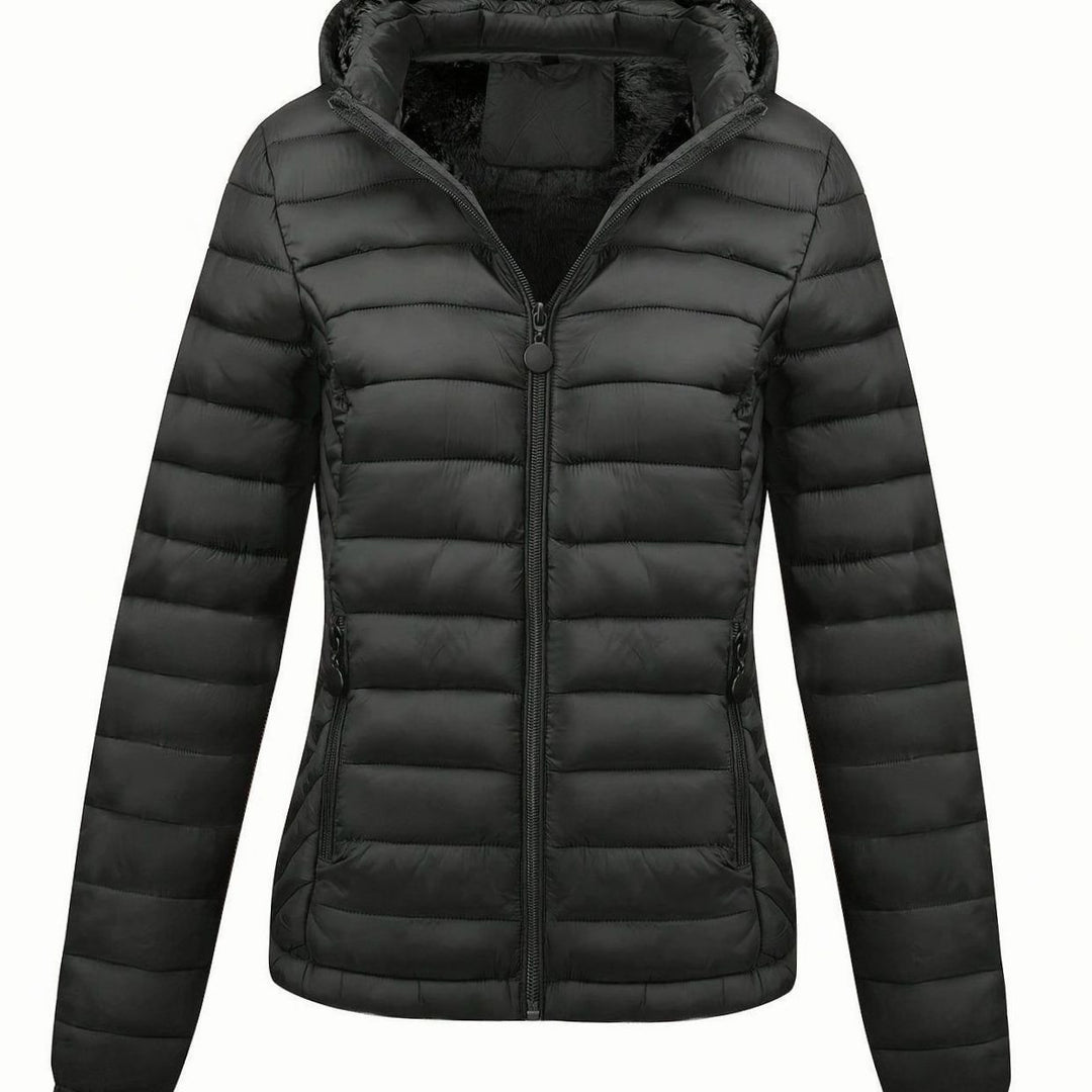 Damen Daunenjacke Leichte Gesteppte Kapuzenjacke mit Fleecefutter - Schwarz