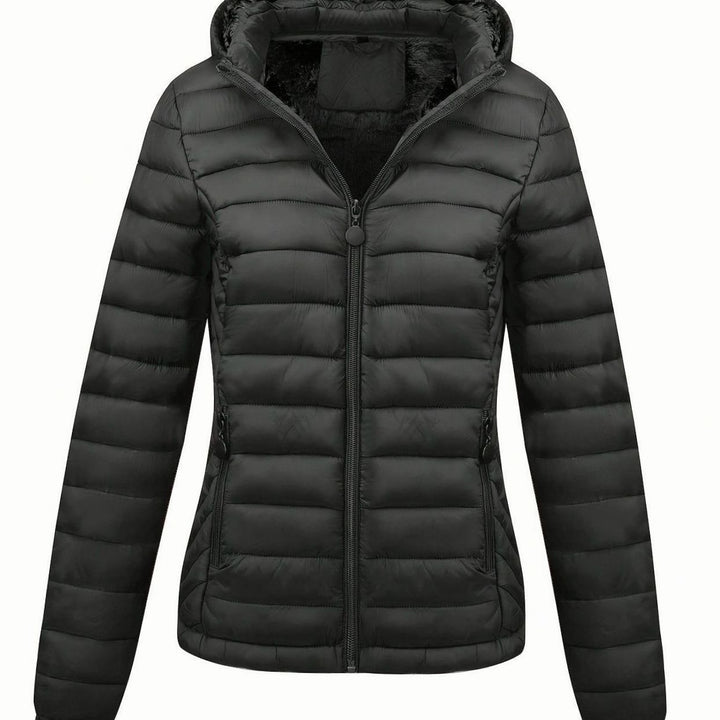 Damen Daunenjacke Leichte Gesteppte Kapuzenjacke mit Fleecefutter - Schwarz