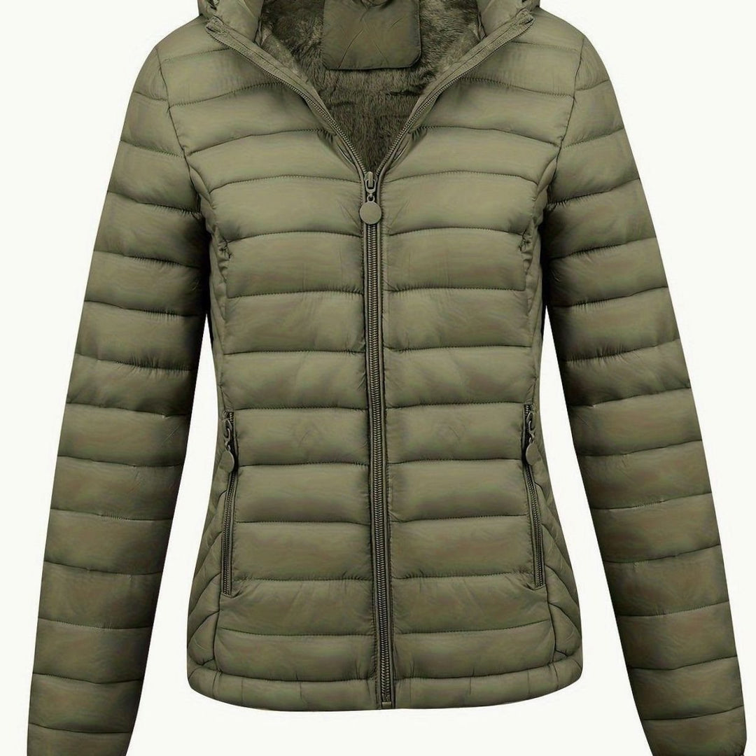 Damen Daunenjacke Leichte Gesteppte Kapuzenjacke mit Fleecefutter - Armeegrün