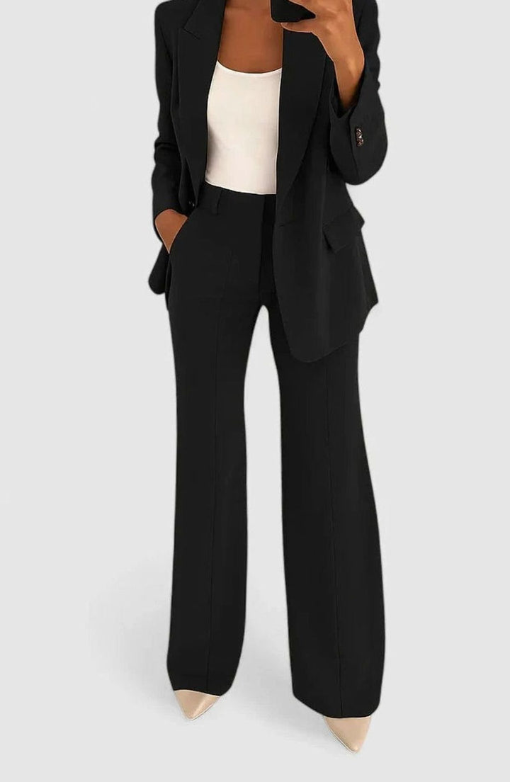 Damen Elegantes Blazer Hosen Set Strukturierter Hosenanzug - Schwarz