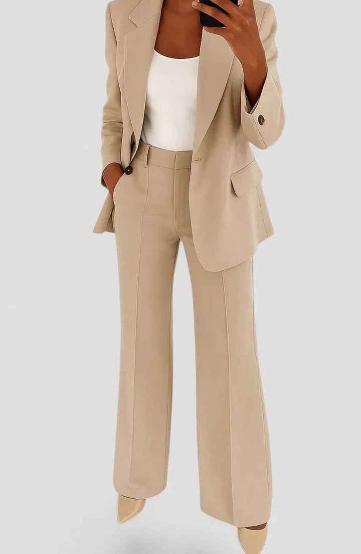Damen Elegantes Blazer Hosen Set Strukturierter Hosenanzug - Beige