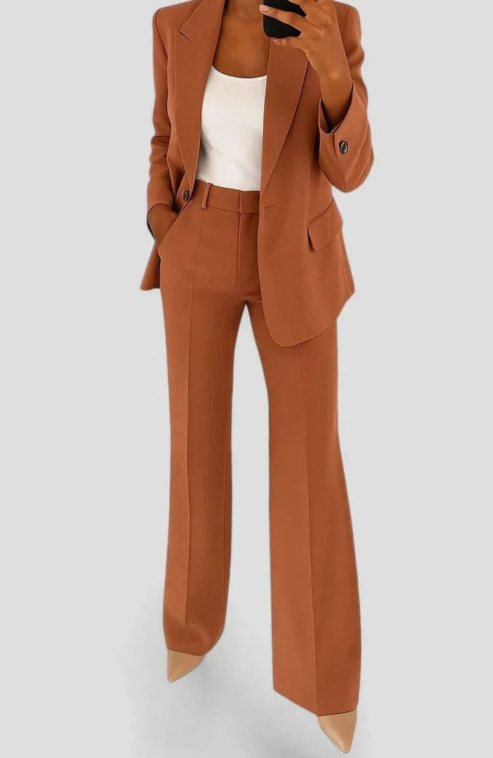 Damen Elegantes Blazer Hosen Set Strukturierter Hosenanzug - Braun