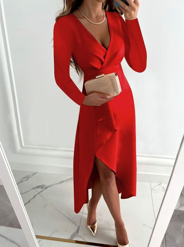 Damen Elegantes V-Ausschnitt Sheath Midi-Kleid mit Schlitz - Rot