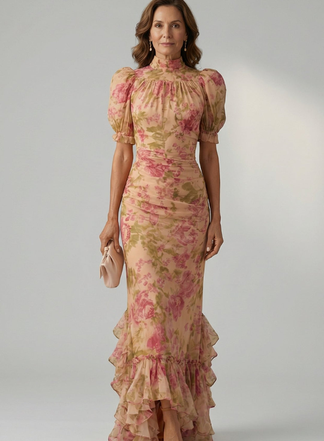 Damen Figurbetontes Blumen-Maxikleid mit Stehkragen und Puffärmeln - Geblümt