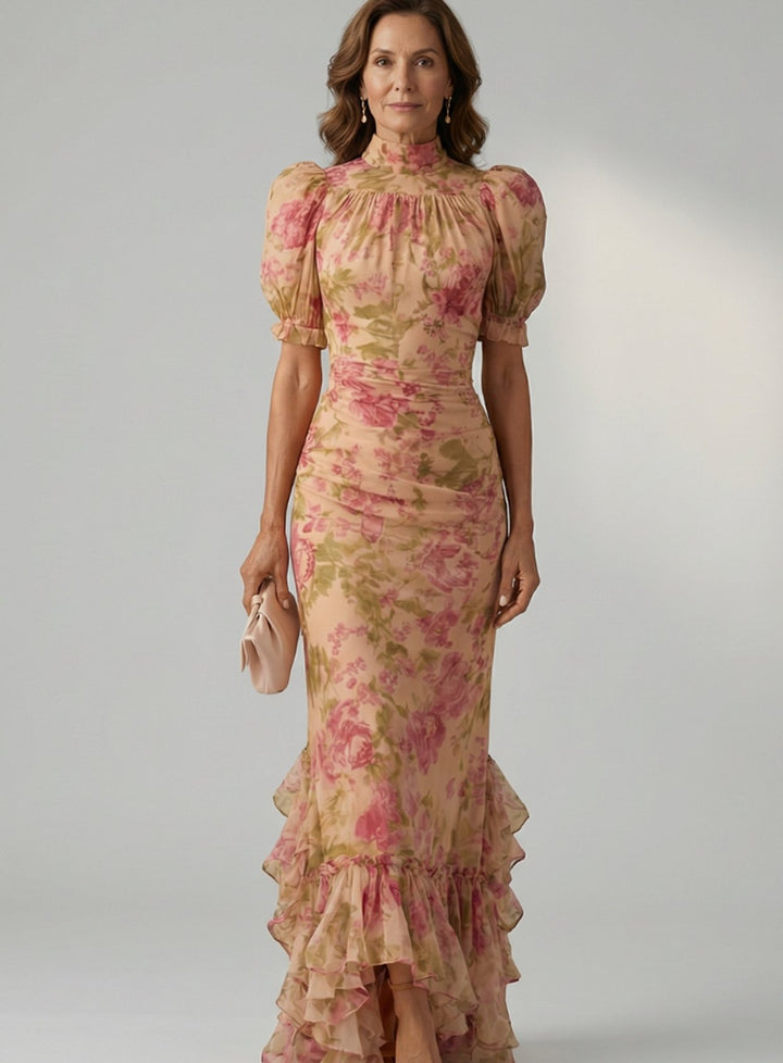 Damen Figurbetontes Blumen-Maxikleid mit Stehkragen und Puffärmeln - Geblümt