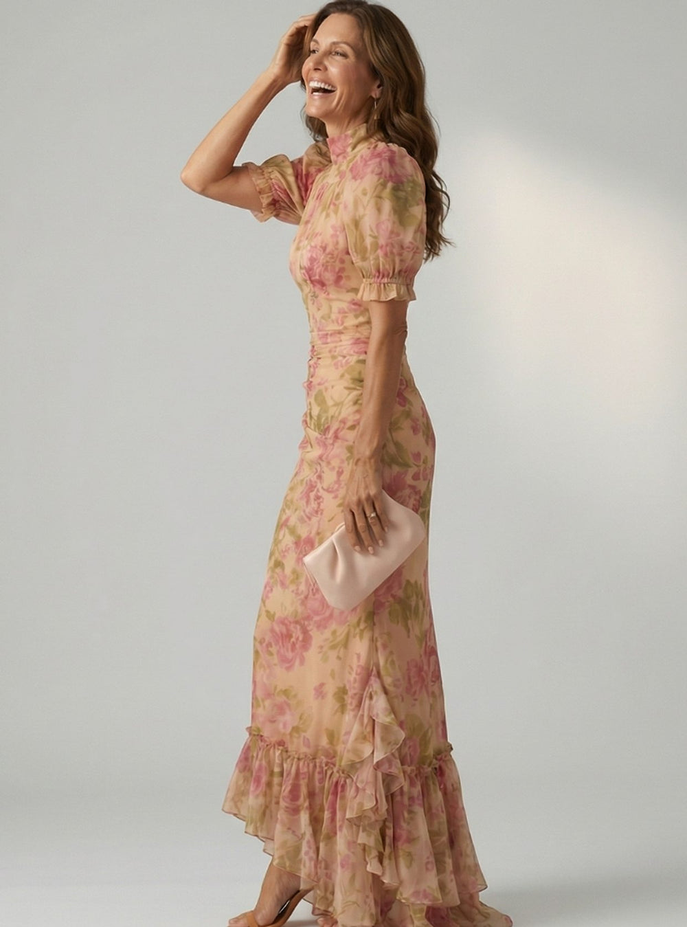 Damen Figurbetontes Blumen-Maxikleid mit Stehkragen und Puffärmeln