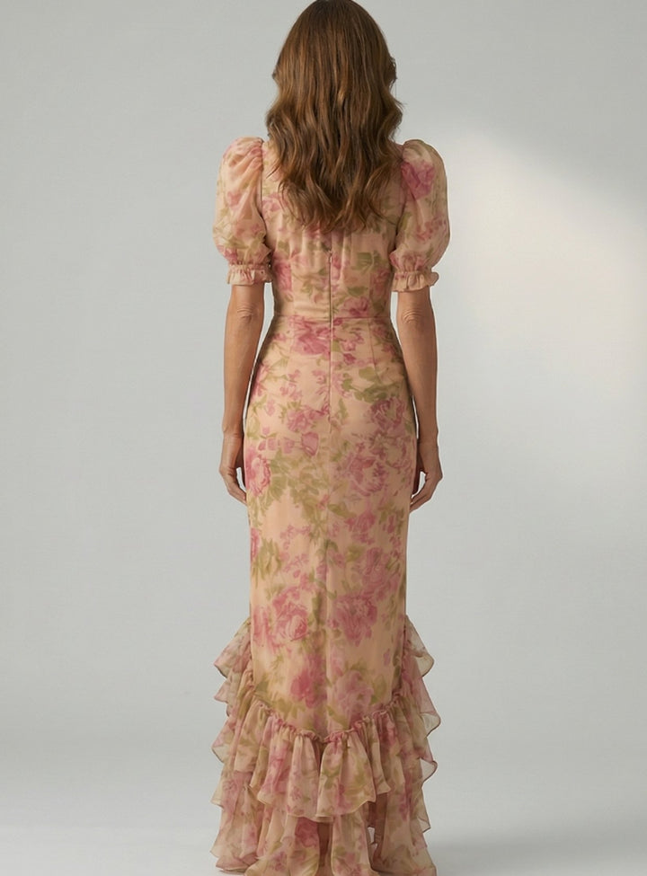 Damen Figurbetontes Blumen-Maxikleid mit Stehkragen und Puffärmeln