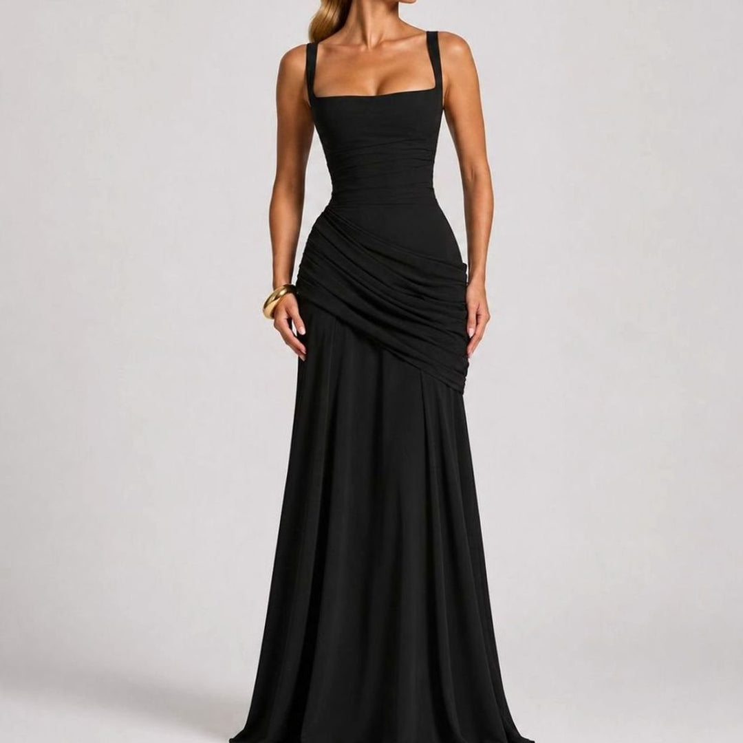 Damen Gerafftes Maxi Abendkleid Quadratausschnitt Bodenlang Festlich - Schwarz
