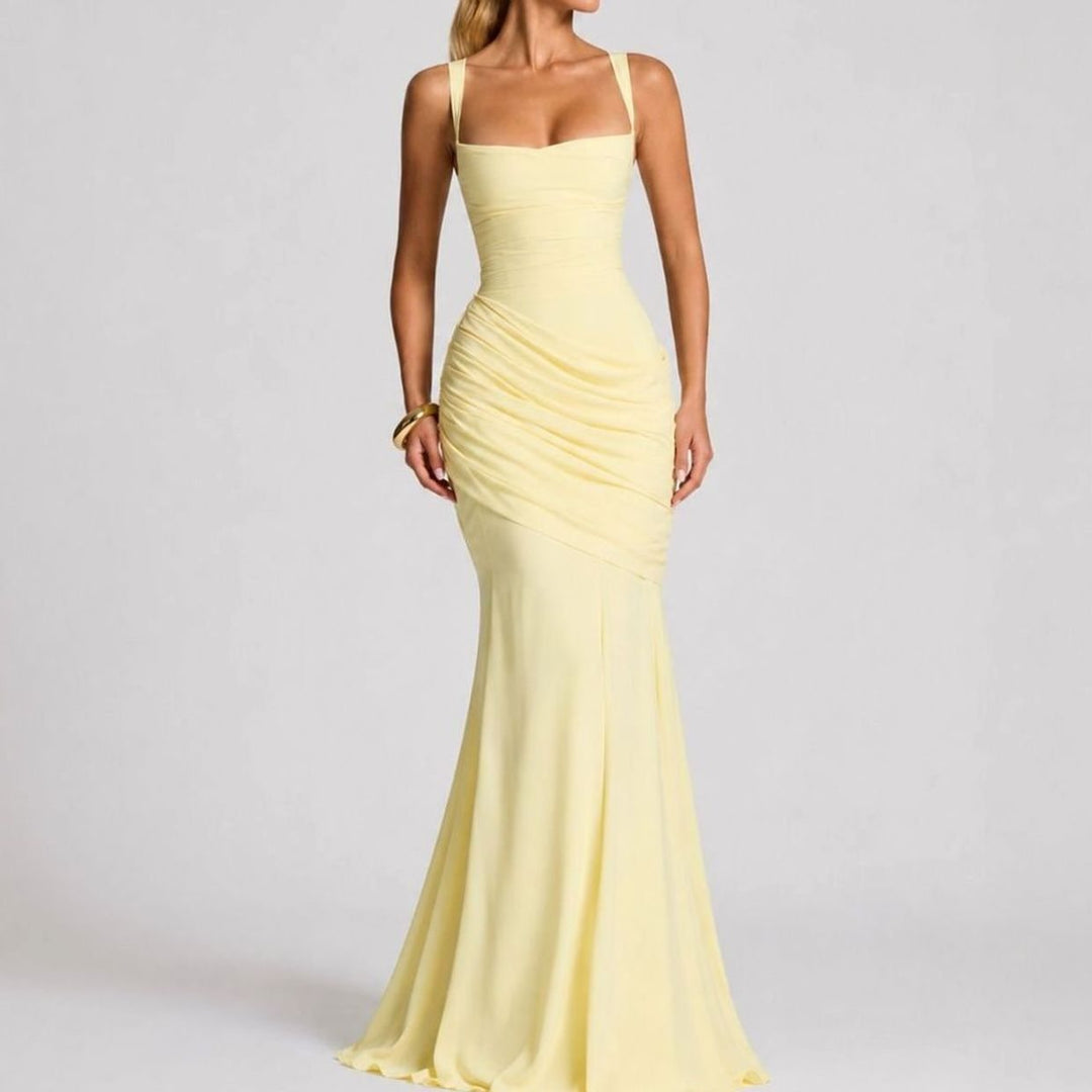 Damen Gerafftes Maxi Abendkleid Quadratausschnitt Bodenlang Festlich - Gelb