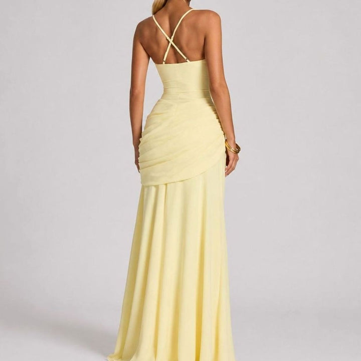 Damen Gerafftes Maxi Abendkleid Quadratausschnitt Bodenlang Festlich