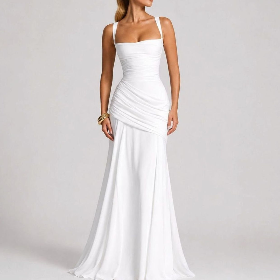 Damen Gerafftes Maxi Abendkleid Quadratausschnitt Bodenlang Festlich - Weiß