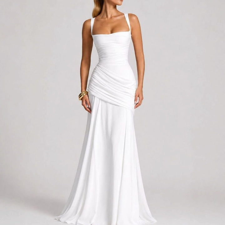 Damen Gerafftes Maxi Abendkleid Quadratausschnitt Bodenlang Festlich - Weiß