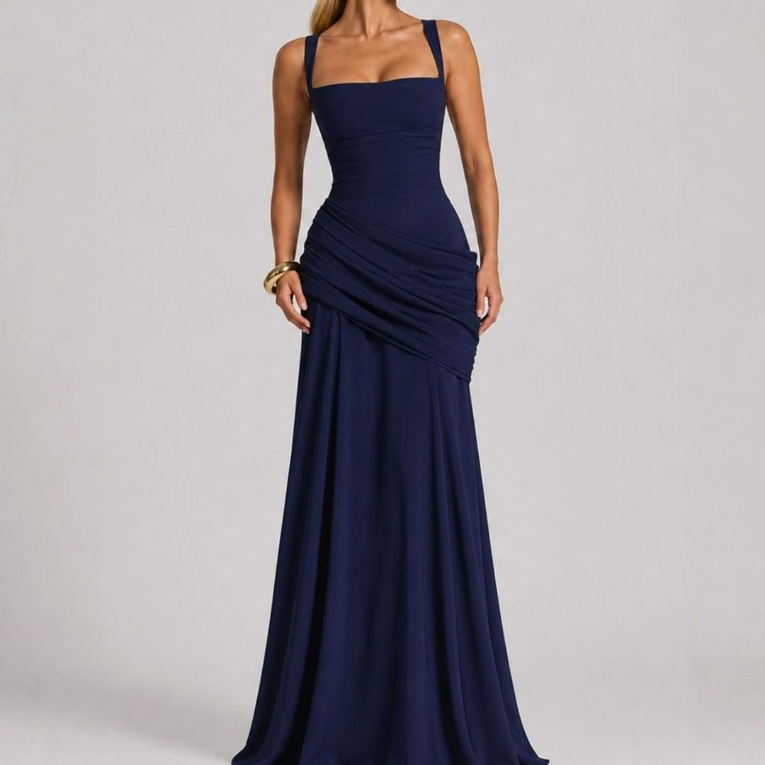 Damen Gerafftes Maxi Abendkleid Quadratausschnitt Bodenlang Festlich - Marineblau
