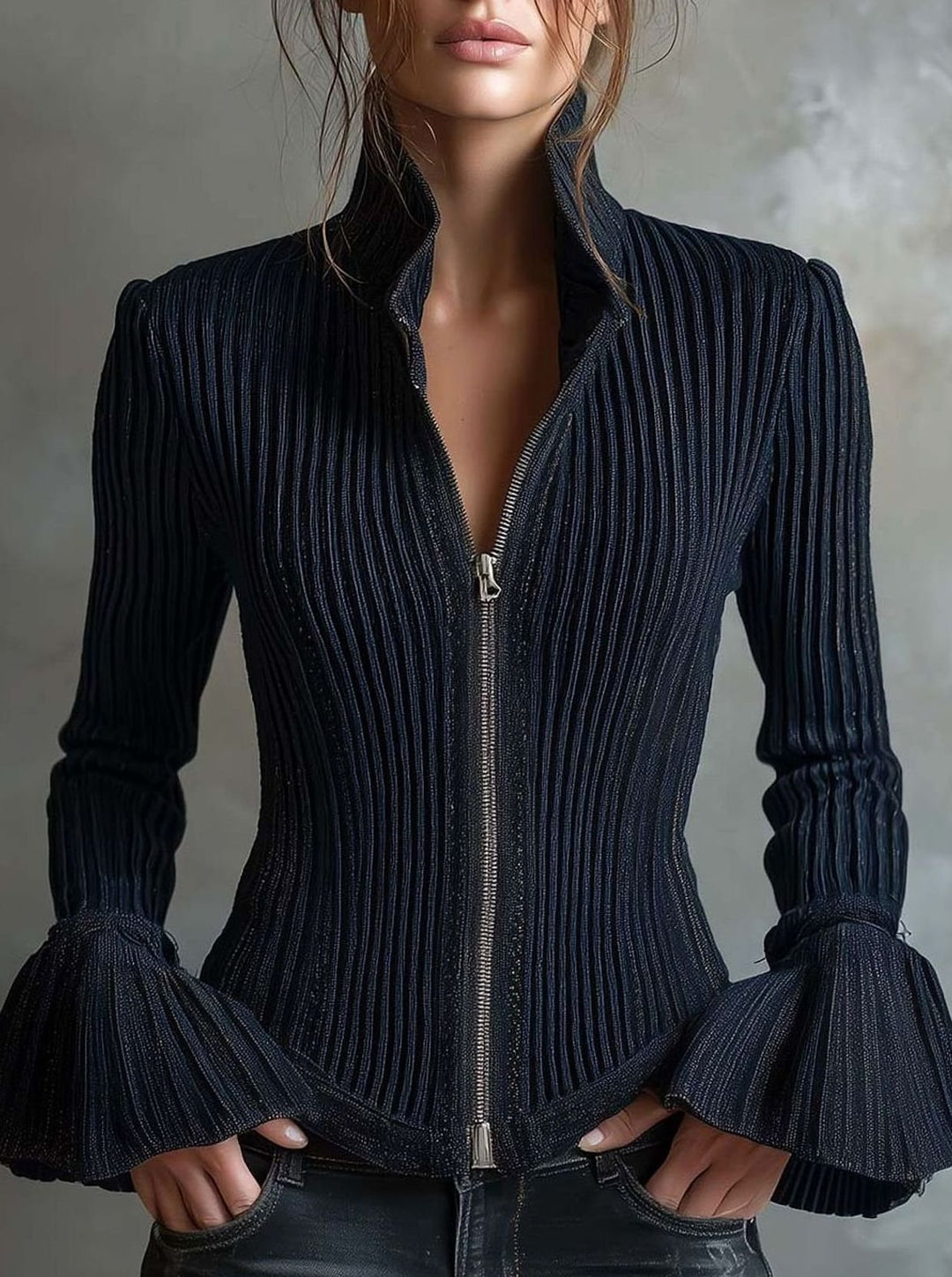 Damen Glitzer Rippenstrick-Jacke mit Reißverschluss und Trompetenärmeln - Marineblau