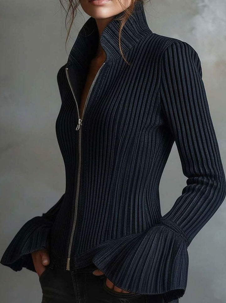Damen Glitzer Rippenstrick-Jacke mit Reißverschluss und Trompetenärmeln